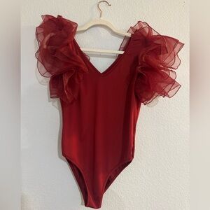 Women’s Red Bodysuit with Big Ruffle Sleeves - Valentine’s or Galentine’s